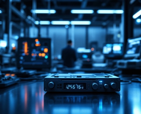 A modern lab with a CAN bus on a workbench, cool lighting, digital thermometer, and high-tech equipment in a blue-gray palette.