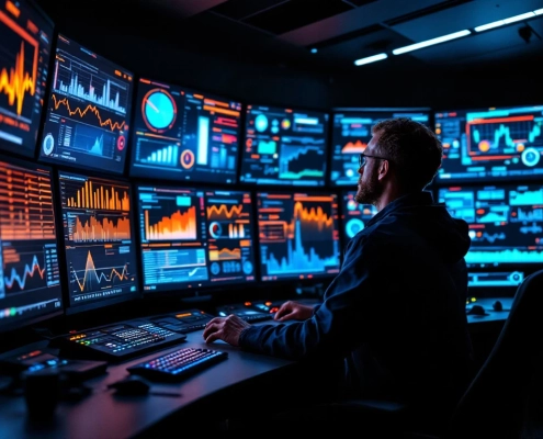 A Scandinavian engineer in a dim command center interacts with high-tech screens, showcasing data with cool blue and green LED lighting.
