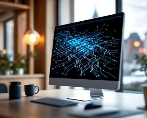 Modern workspace with a 3D CAN bus model on screen, minimalist Scandinavian design, and Umeå cityscape visible through large windows.