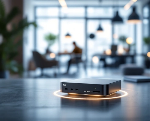 Modern office with a glowing CAN Bridge device in foreground; Scandinavian design, blue-white tones symbolizing TKE Sweden AB's innovation.