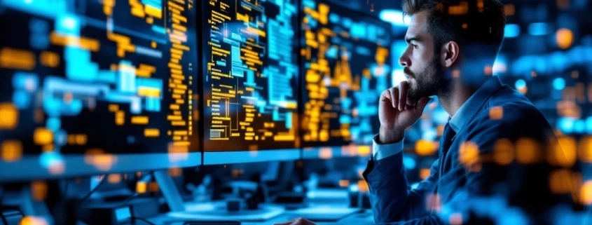 A modern office with a focus on a professional analyzing data on screens, highlighting expertise in CAN-bus technology and network analysis.