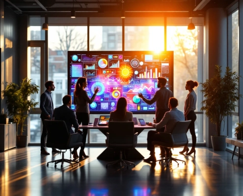 Modern office with diverse team collaborating on data visualizations on an interactive screen, highlighting innovation and Scandinavian design.