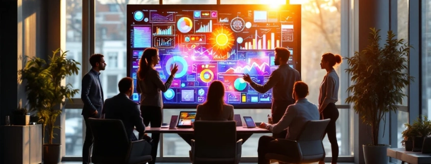 Modern office with diverse team collaborating on data visualizations on an interactive screen, highlighting innovation and Scandinavian design.
