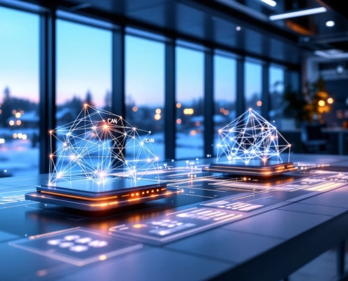 Modern workspace with 3D network diagrams symbolizing CAN technology, set against a snowy Umeå landscape, highlighting innovation.