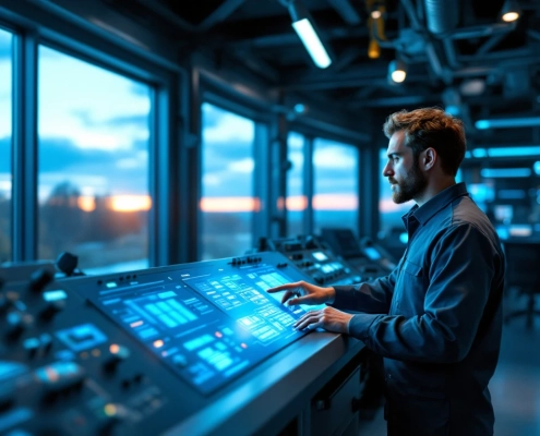 A modern control room with sleek machinery and a focused engineer using a touchscreen, set against a Swedish landscape view.