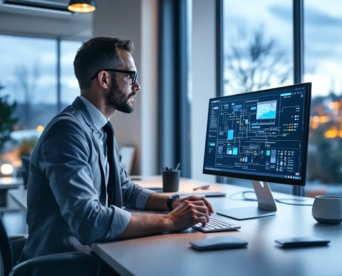 Engineer in a Scandinavian office working on a computer with CANopen tech, large windows, and a view of a Swedish landscape.