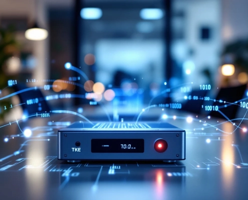 Modern office with Scandinavian design, featuring a glowing network protocol analyzer, binary code, and a faint circuit board outline.