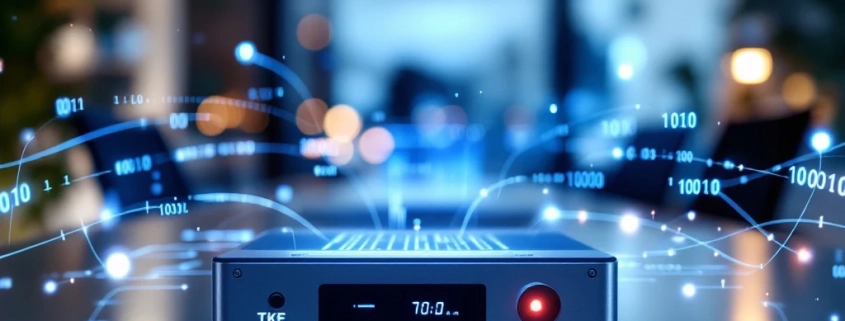 Modern office with Scandinavian design, featuring a glowing network protocol analyzer, binary code, and a faint circuit board outline.