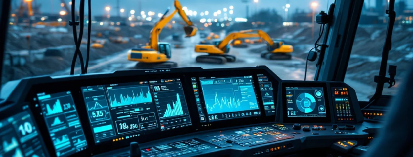 Advanced construction machinery control cabin with digital displays showing performance metrics and automation systems at worksite