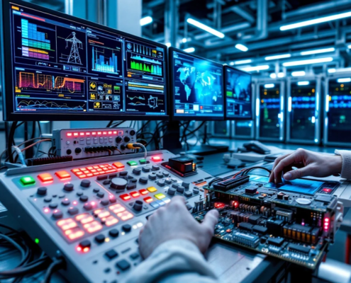 High-tech energy grid control room with technician hands testing equipment on illuminated panel. CAN-bus circuits and servers with status indicators visible.