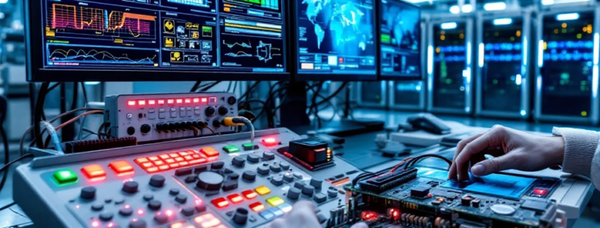 High-tech energy grid control room with technician hands testing equipment on illuminated panel. CAN-bus circuits and servers with status indicators visible.
