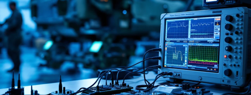 Defense testing laboratory with military electronics connected to diagnostic equipment showing performance data in blue-lit environment