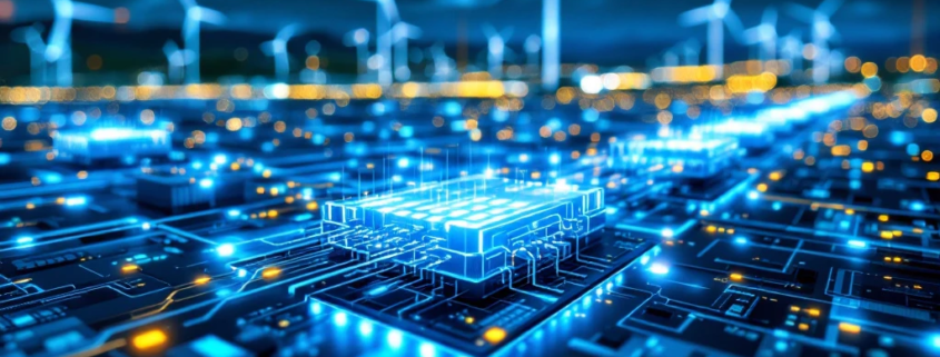 Modern energy management system with glowing blue CAN-bus cables connecting power infrastructure components against a backdrop of smart grid technology.