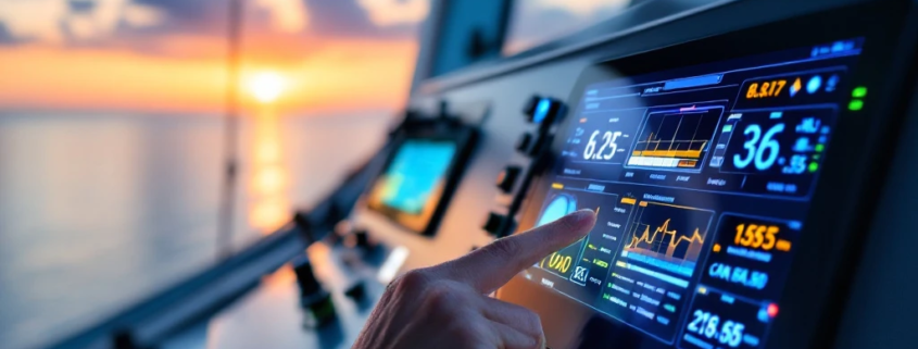 Ship captain operating integrated bridge system with illuminated control panels and touchscreen diagnostics against sunset ocean backdrop