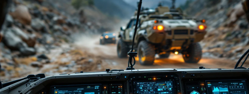 Military tactical vehicle dashboard featuring digital displays and glowing CAN-bus networks with exposed circuitry panel.