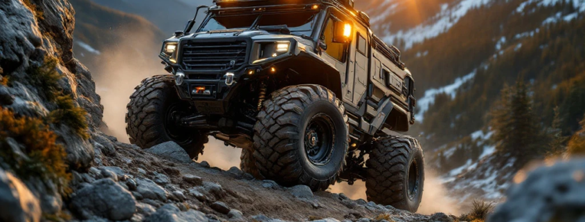 Heavy-duty off-highway vehicle conquering rocky mountain terrain at sunset in dramatic Scandinavian wilderness setting.