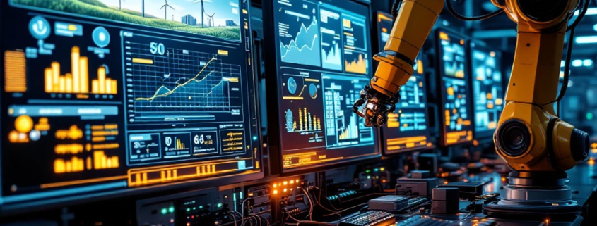 Modern control room where renewable energy systems integrate with industrial automation through monitors, robotics and glowing connections